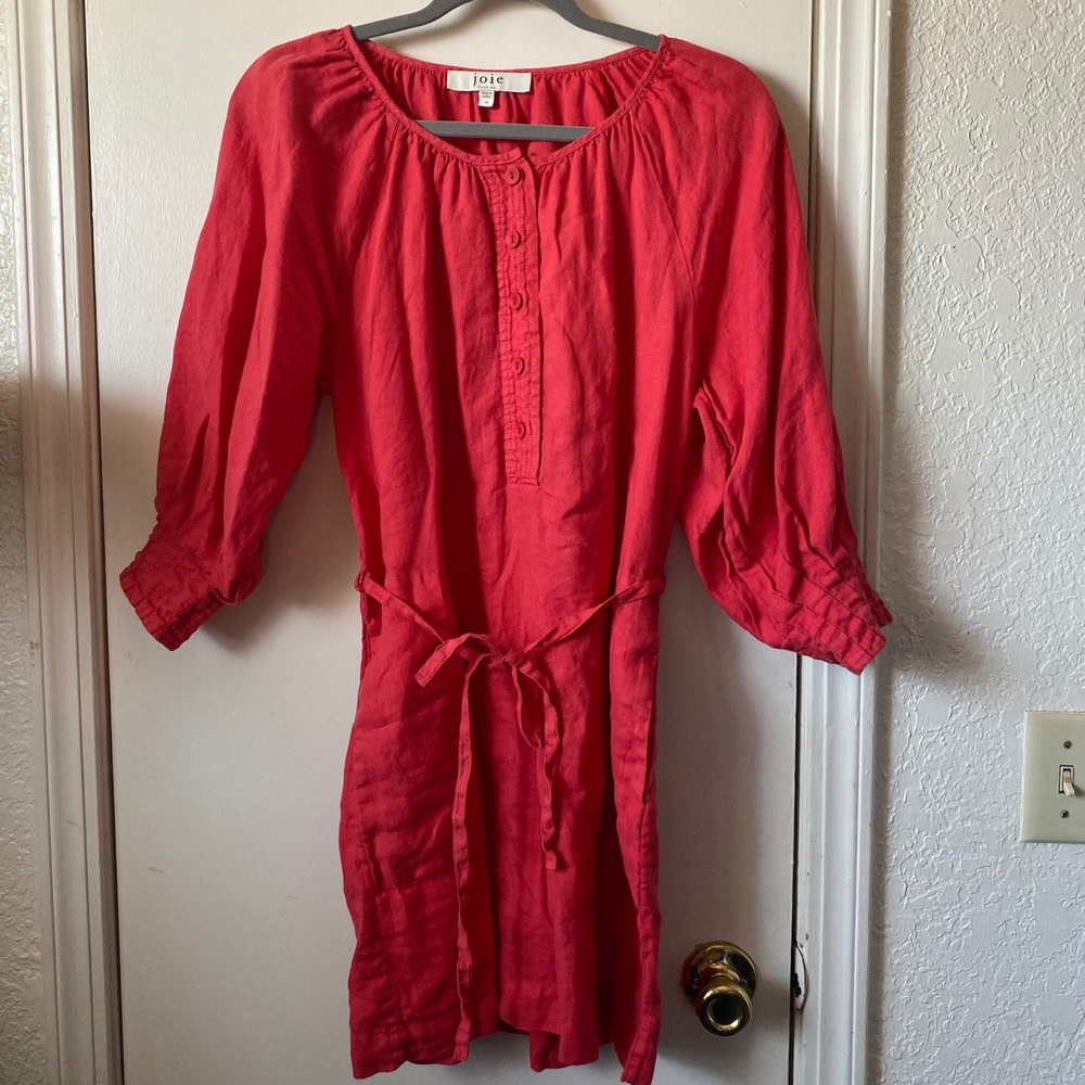 Joie Landry Mini Linen Dress XS Coral Red Linen 3/4 Sleeve Tie Waist Casual